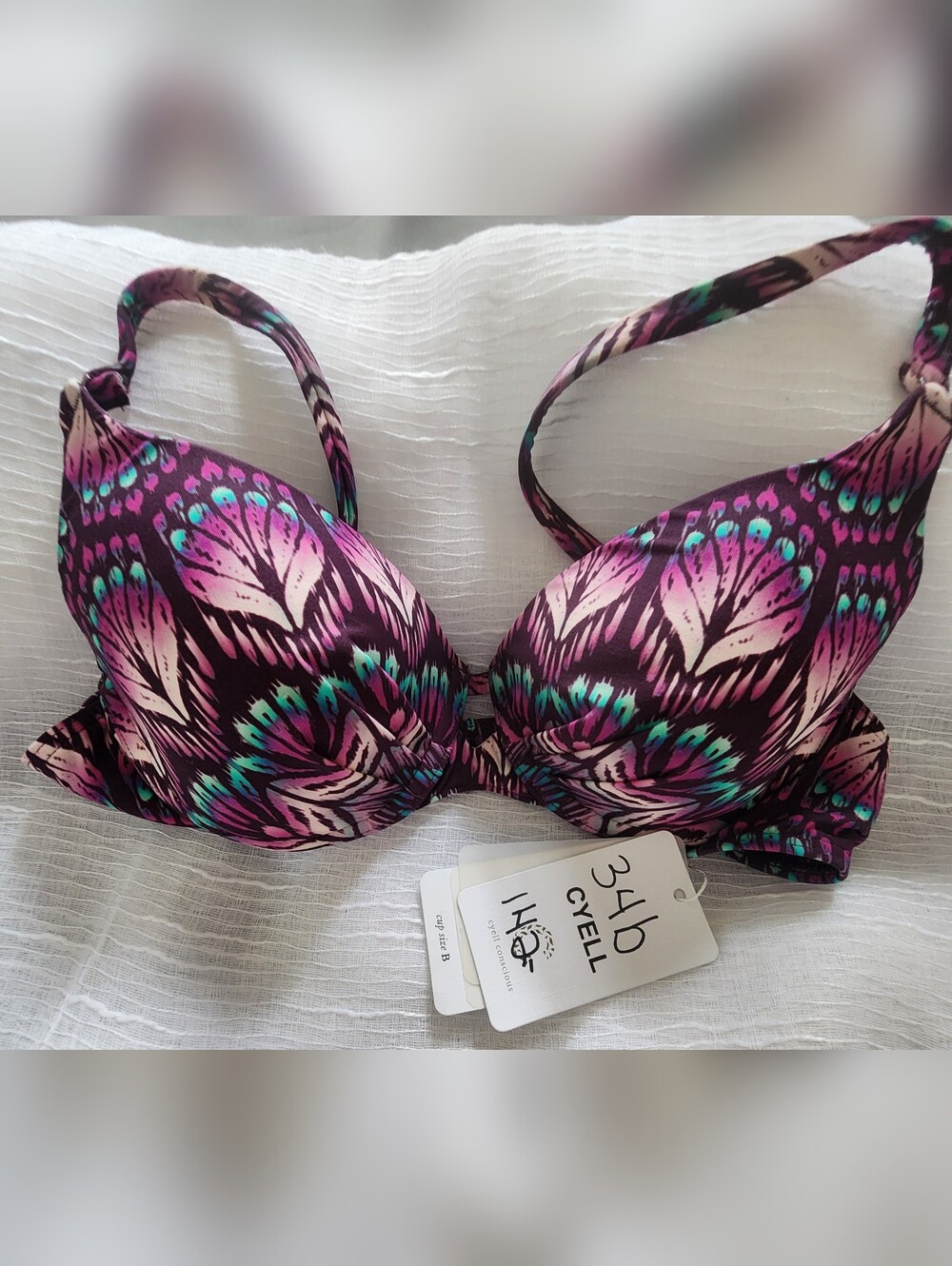 NWT Cyell Conscious Purple Ikat Push-Up Bikini Top - Size 34B / Cup B